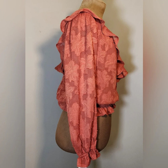 Anthropologie burnt orange floral textured blouse long sleeve v neck v back - Picture 2 of 6